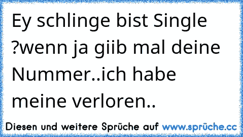 Ey schlinge bist Single ?
wenn ja giib mal deine Nummer..ich habe meine verloren..