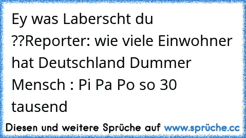 Ey was Laberscht du ??
Reporter: wie viele Einwohner hat Deutschland 
Dummer Mensch : Pi Pa Po so 30 tausend