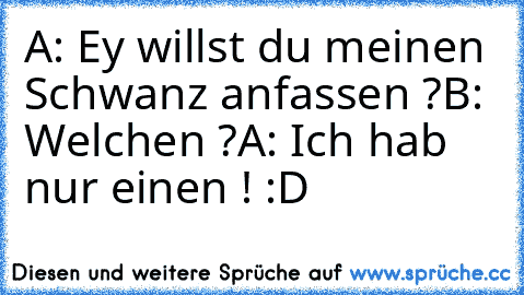 A: Ey willst du meinen Schwanz anfassen ?
B: Welchen ?
A: Ich hab nur einen ! :D