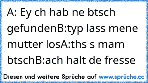 A: Ey ıch hab ne bıtsch gefunden
B:typ lass meıne mutter los
A:tıhıs ıs mıamı bıtsch
B:ach halt dıe fresse