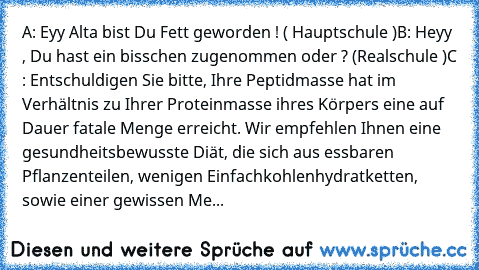 A: Eyy Alta bist Du Fett geworden ! ( Hauptschule )
B: Heyy , Du hast ein bisschen zugenommen oder ? (Realschule )
C : Entschuldigen Sie bitte, Ihre Peptidmasse hat im Verhältnis zu Ihrer Proteinmasse ihres Körpers eine auf Dauer fatale Menge erreicht. Wir empfehlen Ihnen eine gesundheitsbewusste Diät, die sich aus essbaren Pflanzenteilen, wenigen Einfachkohlenhydratketten, sowie einer gewissen...