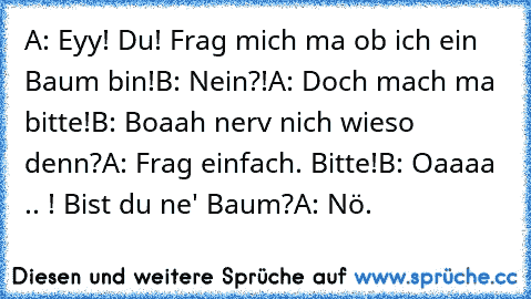 A: Eyy! Du! Frag mich ma ob ich ein Baum bin!
B: Nein?!
A: Doch mach ma bitte!
B: Boaah nerv nich wieso denn?
A: Frag einfach. Bitte!
B: Oaaaa .. ! Bist du ne' Baum?
A: Nö.