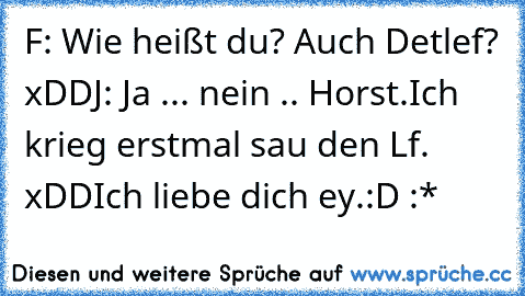 F: Wie heißt du? Auch Detlef? xDD
J: Ja ... nein .. Horst.
Ich krieg erstmal sau den Lf. xDD
Ich liebe dich ey.:D :*