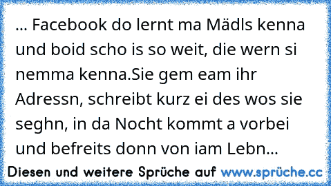 ... Facebook do lernt ma Mädls kenna und boid scho is so weit, die wern si nemma kenna.
Sie gem eam ihr Adressn, schreibt kurz ei des wos sie seghn, in da Nocht kommt a vorbei und befreits donn von iam Lebn...