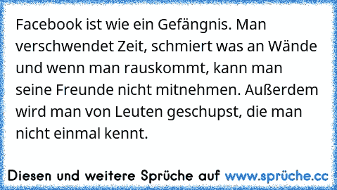 Facebook ist wie ein Gefängnis. Man verschwendet Zeit, schmiert was an Wände und wenn man rauskommt, kann man seine Freunde nicht mitnehmen. Außerdem wird man von Leuten geschupst, die man nicht einmal kennt.