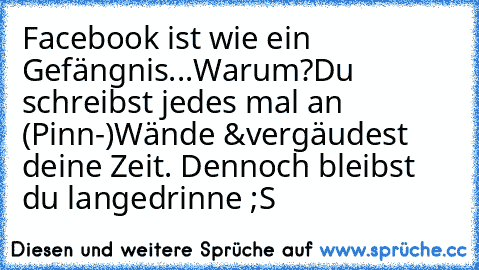 Facebook ist wie ein Gefängnis...
Warum?
Du schreibst jedes mal an (Pinn-)Wände &
vergäudest deine Zeit. Dennoch bleibst du lange
drinne ;S