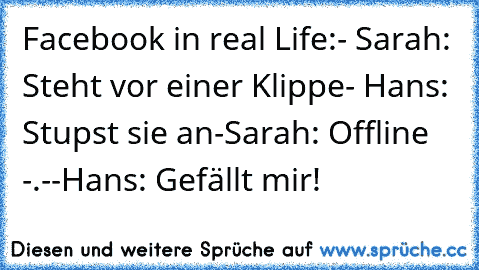 Facebook in real Life:
- Sarah: Steht vor einer Klippe
- Hans: Stupst sie an
-Sarah: Offline -.-
-Hans: Gefällt mir!