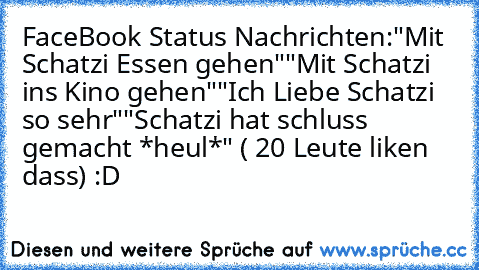 FaceBook Status Nachrichten:
"Mit Schatzi Essen gehen"
"Mit Schatzi ins Kino gehen"
"Ich Liebe Schatzi so sehr"
"Schatzi hat schluss gemacht *heul*"
 ( 20 Leute liken dass) :D