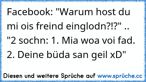 Facebook: "Warum host du mi ois freind einglodn?!?" .. "2 sochn: 1. Mia woa voi fad. 2. Deine büda san geil xD"