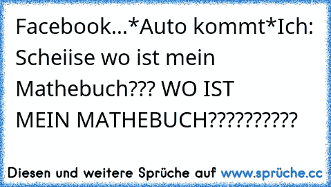 Facebook...
*Auto kommt*
Ich: Scheiise wo ist mein Mathebuch??? WO IST      MEIN MATHEBUCH??????????