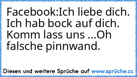 Facebook:
Ich liebe dich. Ich hab bock auf dich. Komm lass uns ...
Oh falsche pinnwand.