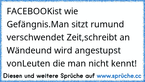 FACEBOOK
ist wie Gefängnis.
Man sitzt rum
und verschwendet Zeit,
schreibt an Wände
und wird angestupst von
Leuten die man nicht kennt!