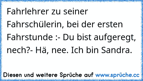 Fahrlehrer zu seiner Fahrschülerin, bei der ersten Fahrstunde :
- Du bist aufgeregt, nech?
- Hä, nee. Ich bin Sandra.