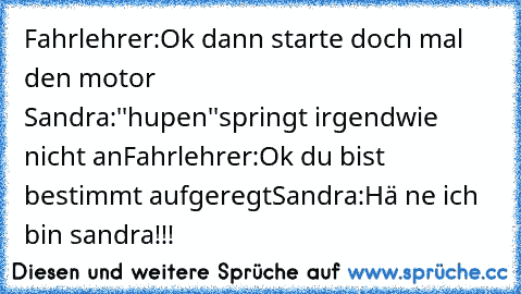 Fahrlehrer:Ok dann starte doch mal den motor                                          Sandra:''hupen''springt irgendwie nicht an
Fahrlehrer:Ok du bist bestimmt aufgeregt
Sandra:Hä ne ich bin sandra!!!