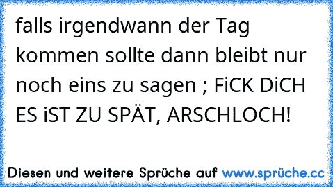 falls irgendwann der Tag kommen sollte dann bleibt nur noch eins zu sagen ; FiCK DiCH ES iST ZU SPÄT, ARSCHLOCH!