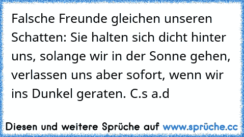 Falsche Freunde gleichen unseren Schatten: Sie halten sich dicht hinter uns, solange wir in der Sonne gehen, verlassen uns aber sofort, wenn wir ins Dunkel geraten. C.s a.d