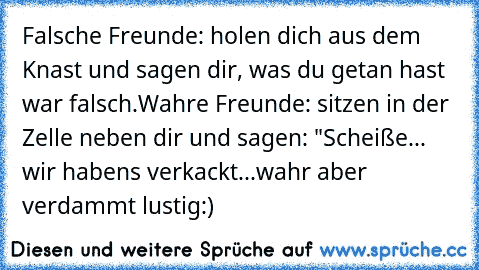 Falsche Freunde: holen dich aus dem Knast und sagen dir, was du getan hast war falsch.
Wahre Freunde: sitzen in der Zelle neben dir und sagen: "Scheiße... wir habens verkackt...wahr aber verdammt lustig:)