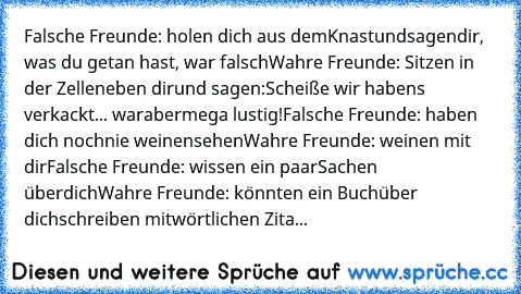 Falsche Freunde: holen dich aus dem
Knast
und
sagen
dir, was du getan hast, war falsch
Wahre Freunde: Sitzen in der Zelle
neben dir
und sagen:
Scheiße wir habens verkackt... war
aber
mega lustig!
Falsche Freunde: haben dich noch
nie weinen
sehen
Wahre Freunde: weinen mit dir
Falsche Freunde: wissen ein paar
Sachen über
dich
Wahre Freunde: könnten ein Buch
über dich
schreiben mit
wörtlichen Zitaten...