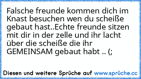 Falsche freunde kommen dich im Knast besuchen wen du scheiße gebaut hast..
Echte freunde sitzen mit dir in der zelle und ihr lacht über die scheiße die ihr GEMEINSAM gebaut habt .. (;