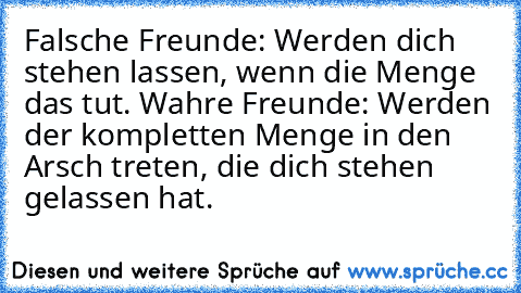 Falsche Freunde: Werden dich stehen lassen, wenn die Menge das tut.
 Wahre Freunde: Werden der kompletten Menge in den Arsch treten, die dich stehen gelassen hat.