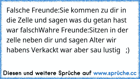 Falsche Freunde:
Sie kommen zu dir in die Zelle und sagen was du getan hast war falsch
Wahre Freunde:
Sitzen in der zelle neben dir und sagen Alter wir habens Verkackt war aber sau lustig   ;)