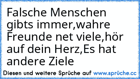 Falsche Menschen gibts immer,
wahre Freunde net viele,
hör auf dein Herz,
Es hat andere Ziele