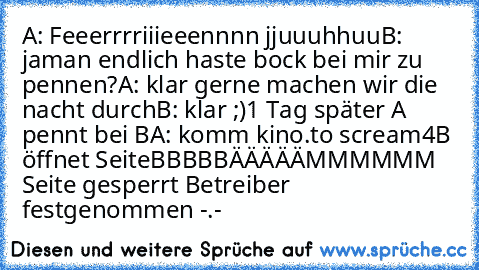 A: Feeerrrriiieeennnn jjuuuhhuu
B: jaman endlich haste bock bei mir zu pennen?
A: klar gerne machen wir die nacht durch
B: klar ;)
1 Tag später A pennt bei B
A: komm kino.to scream4
B öffnet Seite
BBBBBÄÄÄÄÄMMMMMM Seite gesperrt Betreiber festgenommen -.-