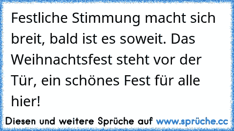 Festliche Stimmung macht sich breit, bald ist es soweit. Das Weihnachtsfest steht vor der Tür, ein schönes Fest für alle hier!