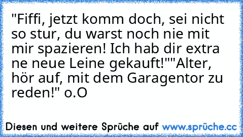 "Fiffi, jetzt komm doch, sei nicht so stur, du warst noch nie mit mir spazieren! Ich hab dir extra ne neue Leine gekauft!"
"Alter, hör auf, mit dem Garagentor zu reden!" o.O