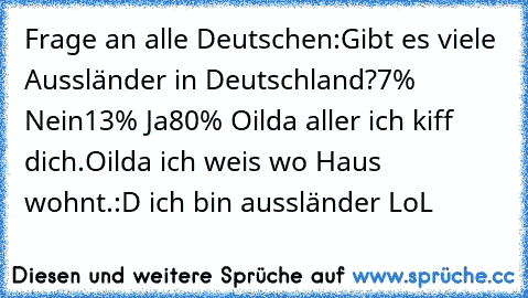 Frage an alle Deutschen:
Gibt es viele Aussländer in Deutschland?
7% Nein
13% Ja
80% Oilda aller ich kiff dich.Oilda ich weis wo Haus wohnt.
:D ich bin aussländer LoL