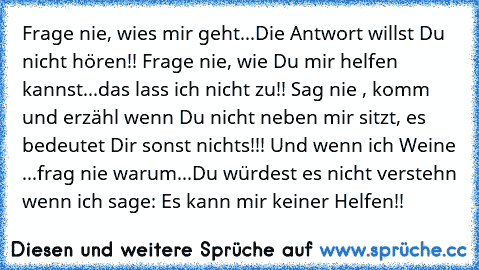 Frage nie, wies mir geht...Die Antwort willst Du nicht hören!! Frage nie, wie Du mir helfen kannst...das lass ich nicht zu!! Sag nie , komm und erzähl wenn Du nicht neben mir sitzt, es bedeutet Dir sonst nichts!!! Und wenn ich Weine ...frag nie warum...Du würdest es nicht verstehn wenn ich sage: Es kann mir keiner Helfen!!