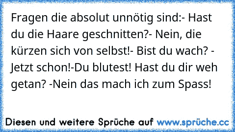 Fragen die absolut unnötig sind:
- Hast du die Haare geschnitten?- Nein, die kürzen sich von selbst!
- Bist du wach? - Jetzt schon!
-Du blutest! Hast du dir weh getan? -Nein das mach ich zum Spass!