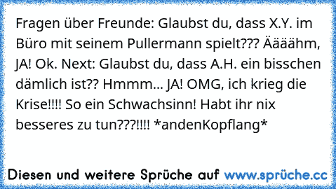 Fragen über Freunde: Glaubst du, dass X.Y. im Büro mit seinem Pullermann spielt??? Äääähm, JA! Ok. Next: Glaubst du, dass A.H. ein bisschen dämlich ist?? Hmmm... JA! OMG, ich krieg die Krise!!!! So ein Schwachsinn! Habt ihr nix besseres zu tun???!!!! *andenKopflang*