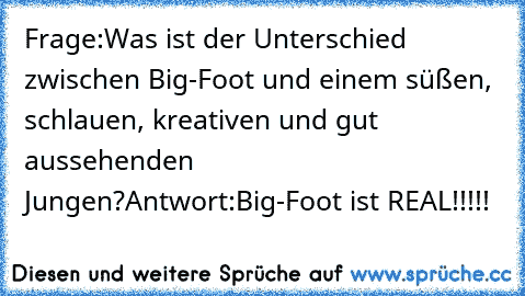 Frage:
Was ist der Unterschied zwischen Big-Foot und einem süßen, schlauen, kreativen und gut aussehenden Jungen?
Antwort:
Big-Foot ist REAL!!!!!