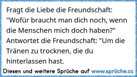 Fragt die Liebe die Freundschaft: "Wofür braucht man dich noch, wenn die Menschen mich doch haben?" Antwortet die Freundschaft: "Um die Tränen zu trocknen, die du hinterlassen hast.