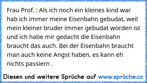 Frau Prof. : Als ich noch ein kleines kind war hab ich immer meine Eisenbahn gebudat, weil mein kleiner bruder immer gebudat worden ist und ich habe mir gedacht die Eisenbahn braucht das auch. Bei der Eisenbahn braucht man auch keine Angst haben, es kann eh nichts passiern .