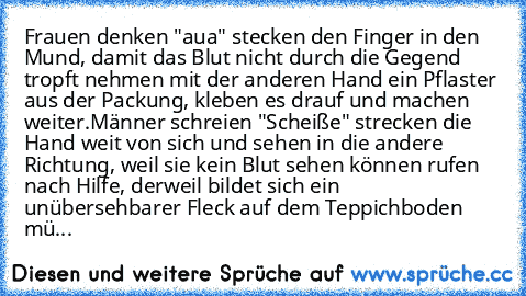 Frauen denken "aua" stecken den Finger in den Mund, damit das Blut nicht durch die Gegend tropft nehmen mit der anderen Hand ein Pflaster aus der Packung, kleben es drauf und machen weiter.
Männer schreien "Scheiße" strecken die Hand weit von sich und sehen in die andere Richtung, weil sie kein Blut sehen können rufen nach Hilfe, derweil bildet sich ein unübersehbarer Fleck auf dem Teppichboden...