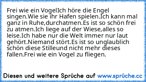 Frei wie ein Vogel
Ich höre die Engel singen.
Wie sie ihr Hafen spielen.
Ich kann mal ganz in Ruhe,
durchatmen.
Es ist so schön frei zu atmen.
Ich liege auf der Wiese,
alles so leise.
Ich habe nur die Welt immer nur laut gehört.
Niemand stört.
Es ist so unglaublich schön diese Stille
und nicht mehr dieses fallen.
Frei wie ein Vogel zu fliegen.