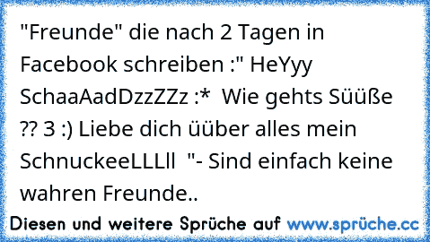 "Freunde" die nach 2 Tagen in Facebook schreiben :" HeYyy SchaaAadDzzZZz :* ♥♥♥♥ Wie gehts Süüße ?? ♥3 :) Liebe dich üüber alles mein SchnuckeeLLLll ♥ "- Sind einfach keine wahren Freunde..