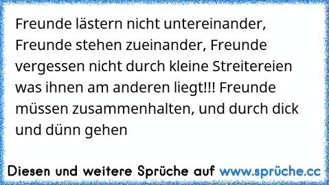 Freunde lästern nicht untereinander, Freunde stehen zueinander, Freunde vergessen nicht durch kleine Streitereien was ihnen am anderen liegt!!! Freunde müssen zusammenhalten, und durch dick und dünn gehen