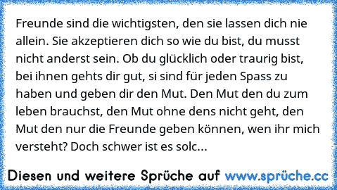 Freunde sind die wichtigsten, den sie lassen dich nie allein. Sie akzeptieren dich so wie du bist, du musst nicht anderst sein. Ob du glücklich oder traurig bist, bei ihnen gehts dir gut, si sind für jeden Spass zu haben und geben dir den Mut. Den Mut den du zum leben brauchst, den Mut ohne dens nicht geht, den Mut den nur die Freunde geben können, wen ihr mich versteht? Doch schwer ist es solc...