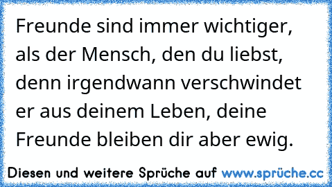 Freunde sind immer wichtiger, als der Mensch, den du liebst, denn irgendwann verschwindet er aus deinem Leben, deine Freunde bleiben dir aber ewig.