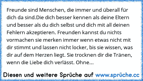 Freunde sind Menschen, die immer und überall für dich da sind.
Die dich besser kennen als deine Eltern und besser als du dich selbst und dich mit all deinen Fehlern akzeptieren. Freunden kannst du nichts vormachen sie merken immer wenn etwas nicht mit dir stimmt und lassen nicht locker, bis sie wissen, was dir auf dem Herzen liegt. Sie trocknen dir die Tränen, wenn die Liebe dich verlässt. Ohne...