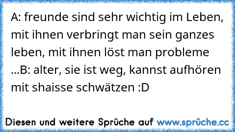 A: freunde sind sehr wichtig im Leben, mit ihnen verbringt man sein ganzes leben, mit ihnen löst man probleme ...
B: alter, sie ist weg, kannst aufhören mit shaisse schwätzen :D