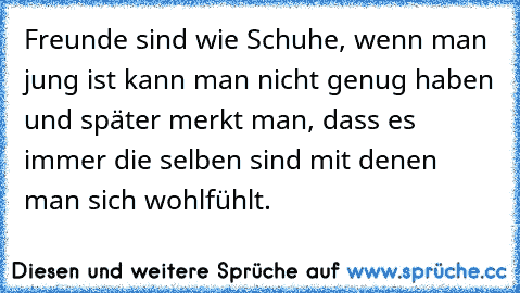 Freunde sind wie Schuhe, wenn man jung ist kann man nicht genug haben und später merkt man, dass es immer die selben sind mit denen man sich wohlfühlt.