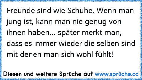 Freunde sind wie Schuhe. Wenn man jung ist, kann man nie genug von ihnen haben... später merkt man, dass es immer wieder die selben sind mit denen man sich wohl fühlt!