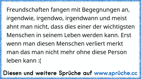 Freundschaften fangen mit Begegnungen an, irgendwie, irgendwo, irgendwann und meist ahnt man nicht, dass dies einer der wichtigsten Menschen in seinem Leben werden kann. Erst wenn man diesen Menschen verliert merkt man das man nicht mehr ohne diese Person leben kann :(