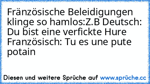 Fränzösische Beleidigungen klinge so hamlos:
Z.B Deutsch: Du bist eine verfickte Hure
      Französisch: Tu es une pute potain