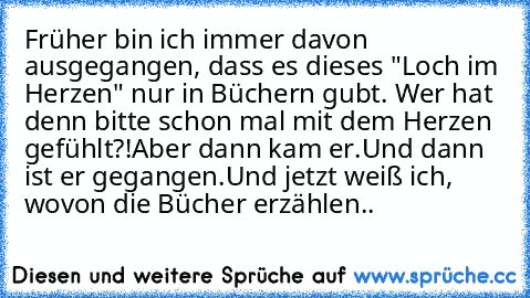 Früher bin ich immer davon ausgegangen, dass es dieses "Loch im Herzen" nur in Büchern gubt. Wer hat denn bitte schon mal mit dem Herzen gefühlt?!
Aber dann kam er.
Und dann ist er gegangen.
Und jetzt weiß ich, wovon die Bücher erzählen..