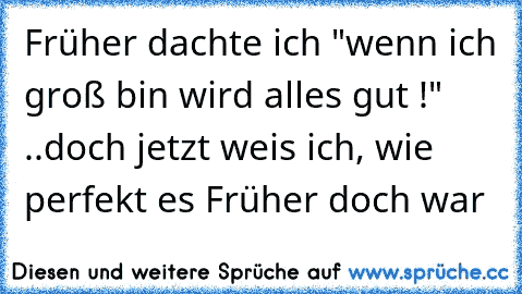 Früher dachte ich "wenn ich groß bin wird alles gut !" ..doch jetzt weis ich, wie perfekt es Früher doch war♥